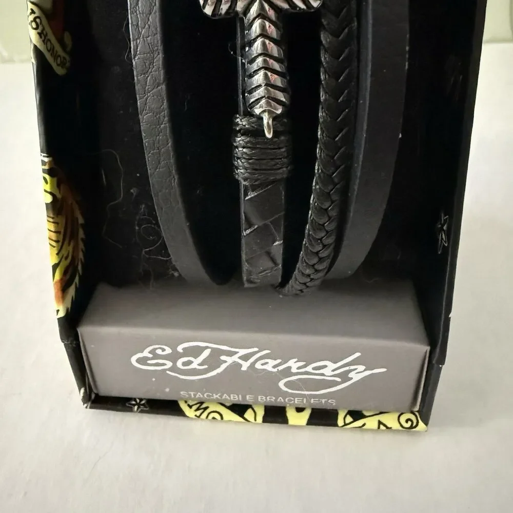 Ed Hardy Cross Stainless Steel Men’s Stackable Bracelet Set Antique Silver Tone